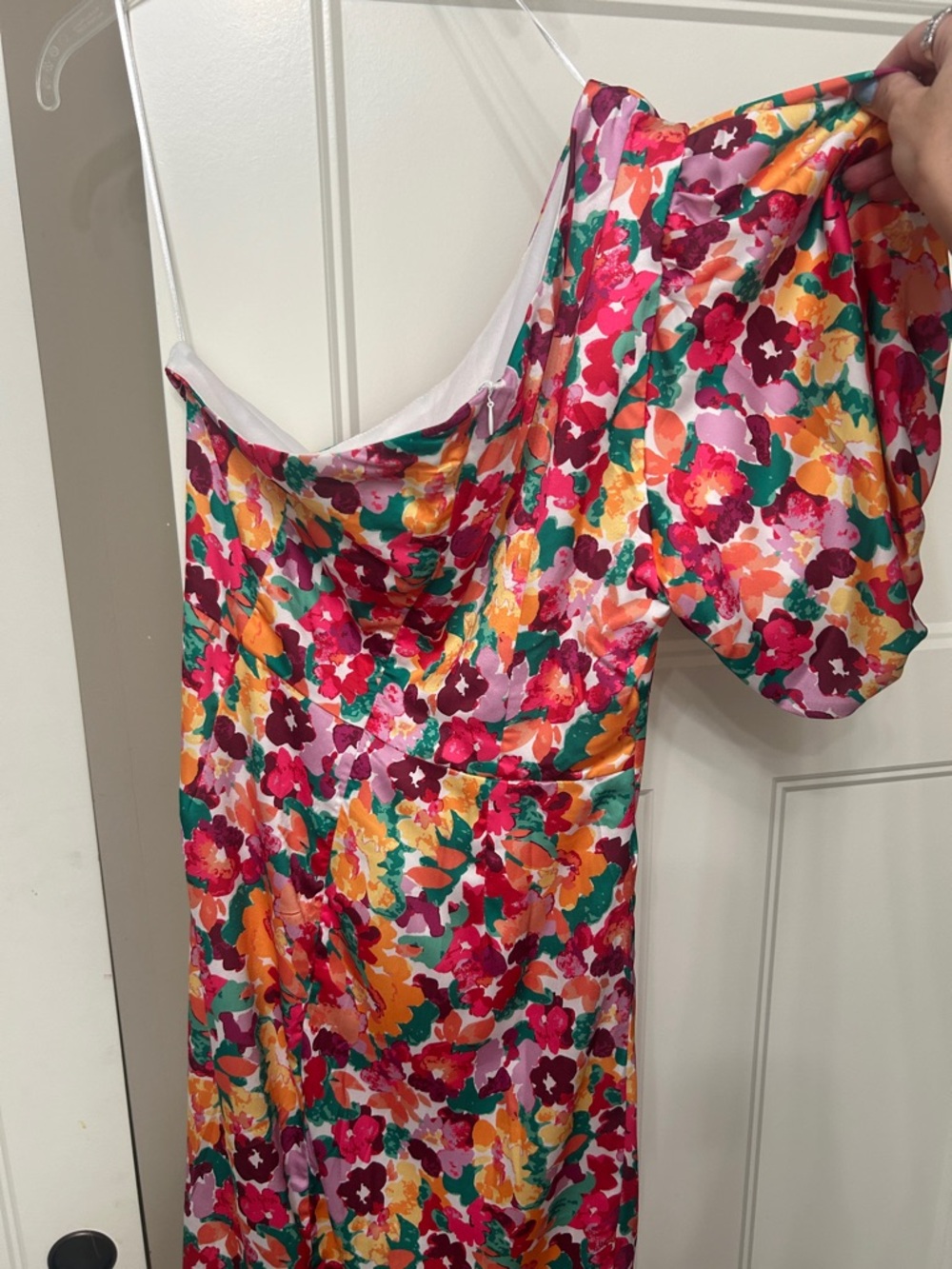 Floral One-Shoulder Satin Dress in Multi